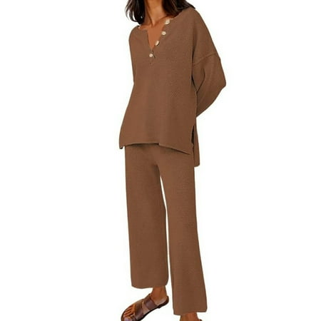 Scyoekwg Womens 2 Piece Sets Casual Sets Button Long Sleeve Tops Wide Leg Pants Fashion Matching Outfits Two Piece Set Sweatsuits (Brown S)