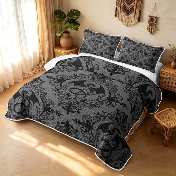 Erosebridal Retro Damask Twin Quilt Set, Baroque Dragon Twin Coverlet Set, Gunmetal Gray 2pcs, 1 Bedspread and 1 Pillowcase