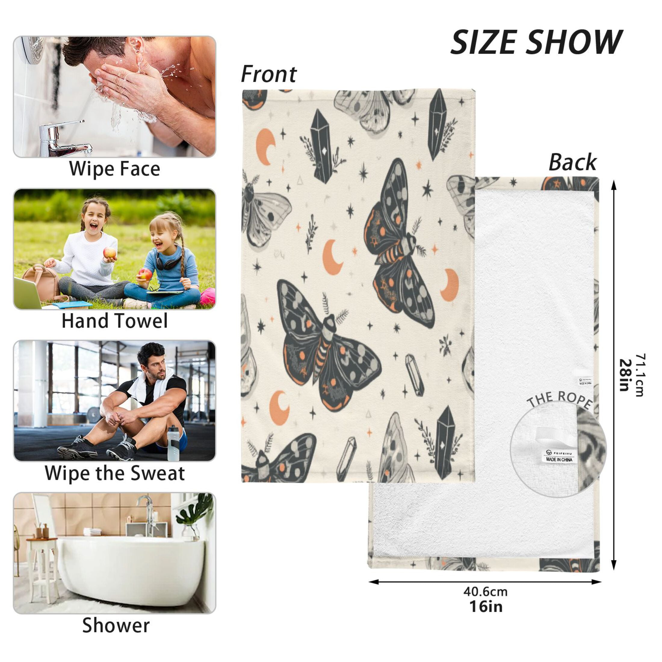 2 Pcs Absorbent Face Towel Bath Hand Towels Soft Breathable Cotton Towel Set for Bathroom Kitchen Hotel Spa Decor Black and White Moths