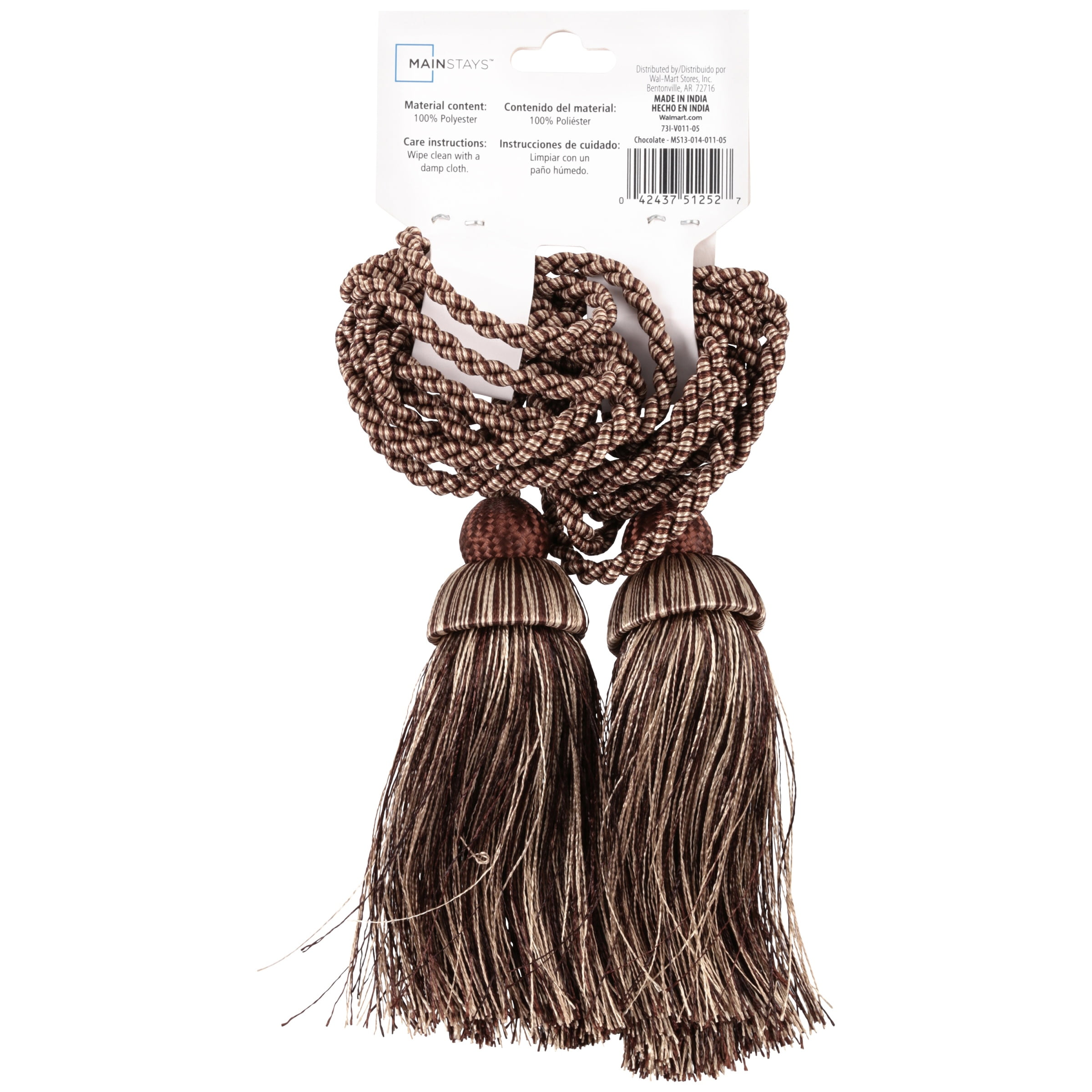 Mainstays Polyester Rope Tassel Curtain Tieback Set, Chocolate, Set of 2
