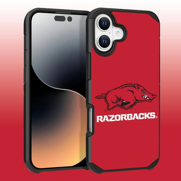 Apple iPhone 16 Plus (6.7) - Licensed NCAA University of Arkansas Razorbacks Logo on Red Textured Dual Layer Case