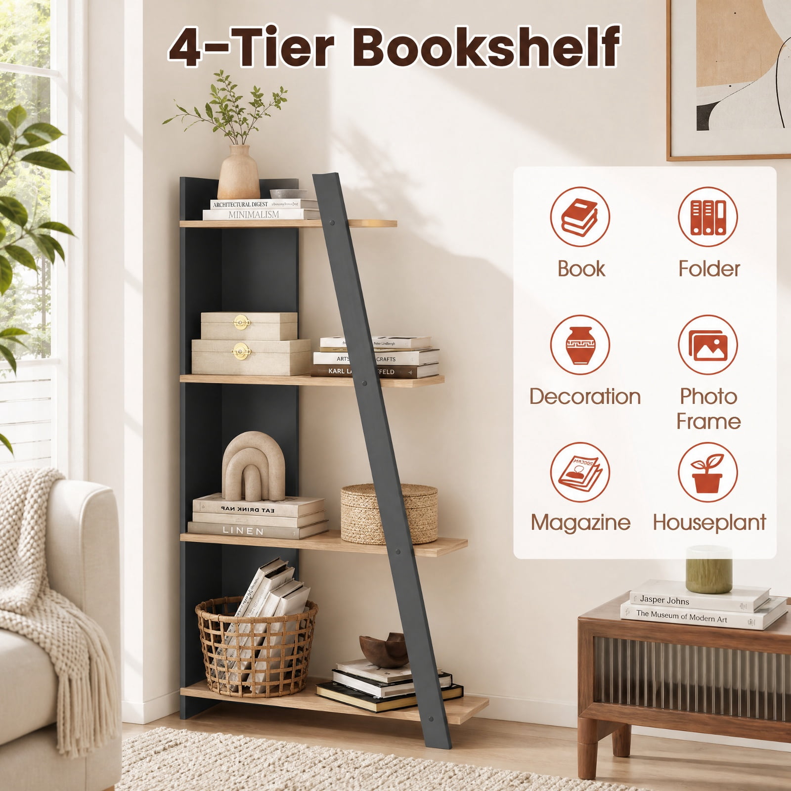 Furnibear 4-Tier Modern Bookshelf Wooden Vertical Display Book Shelf for Small Space for Living Room Home Office Bedroom Display Storage Shelf, Oak