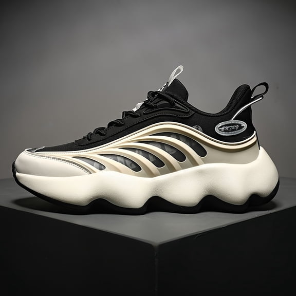 [Height-Boosting Athletic Sneakers Shoes] Versatile Men's Athletic Sneakers - Thick Sole, Height-Boosting Dad Shoes in Black & White Stripe, Breathable Fabric Lining