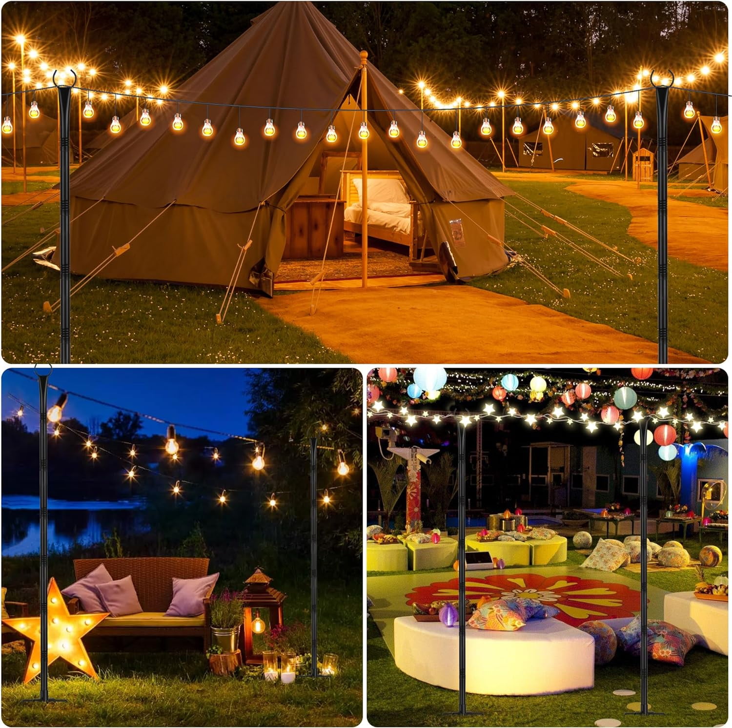 Suchtale String Light Poles with Hooks, 4 Pack 8.5FT Metal Light Pole for Outdoor String Lights with 5-Prong Fork for Garden, Patio, Wedding Party, Outdoor Light Stand Holder for Christmas Deck Black