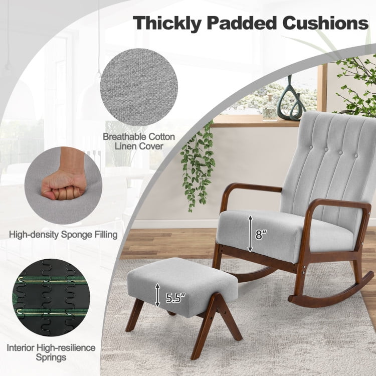 Finihen Rocking Chair, Modern Upholstered Accent Chair, Rocking Chair with Ottoman and Solid Rubber Wood Frame and Padded Cushion, for Living Room, Bedroom, Gray Finihen Rocking Chair, Modern Upholstered Accent Chair, Rocking Chair with Ottoman and Solid Rubber Wood Frame and Padded Cushion, for Living Room, Bedroom, Gray