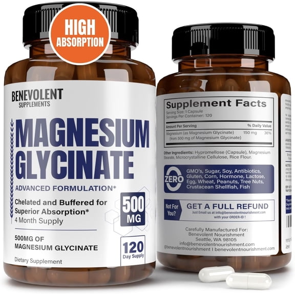 Benevolent Nourishment 500mg Magnesium Glycinate Capsules with High Absorption, 120 Count