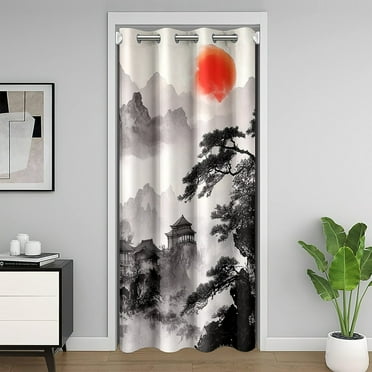 Misty Mountains Door Curtain for Doorway Privacy,Japanese Style Ukiyoe Sliding Closet Door Curtains Old Temple Pine Trees Privacy Curtain Cover for Room Divider Not Blackout Curtain,W42 X L80