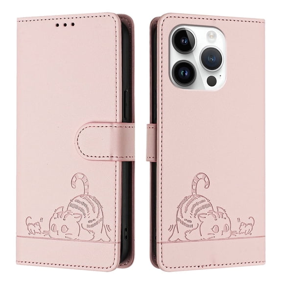 Phone Case for iPhone 15 Pro Wallet Case Cat Pattern PU Leather Case with [RFID Blocking] Card Slots Kickstand Shockproof Magnetic Flip Cover, Pink