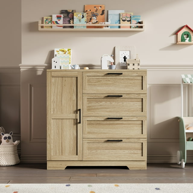 Armoire Garde-Robe en Bois avec 4 Tiroirs et Porte, Commode Multifonctionnelle en Bois de 43,3 Po H avec Placard de Rangement, Armoire de Salle de Bain pour, Chambre