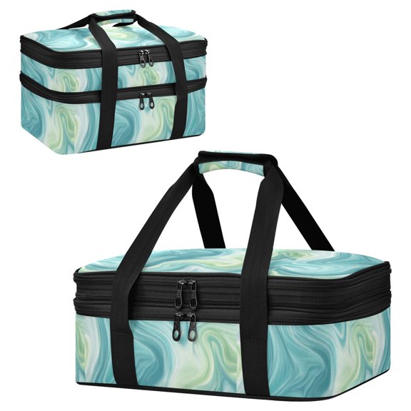 Large Double Decker Insulated Casserole Carrier Expandable 2-Layer Thermal Food Tote Bag Oceanic Liquid Marble Design Hot Cold Pizza Lasagna Holder for Potluck Picnic Party Camping