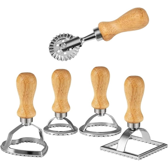 Ravioli Stamp Maker Cutter Set - 5Pcs Pasta Roller Wheel Mold with Wooden Handle & Fluted Edge Ravioli Dumpling Maker Set for Cookie Biscuit Pasta Dough