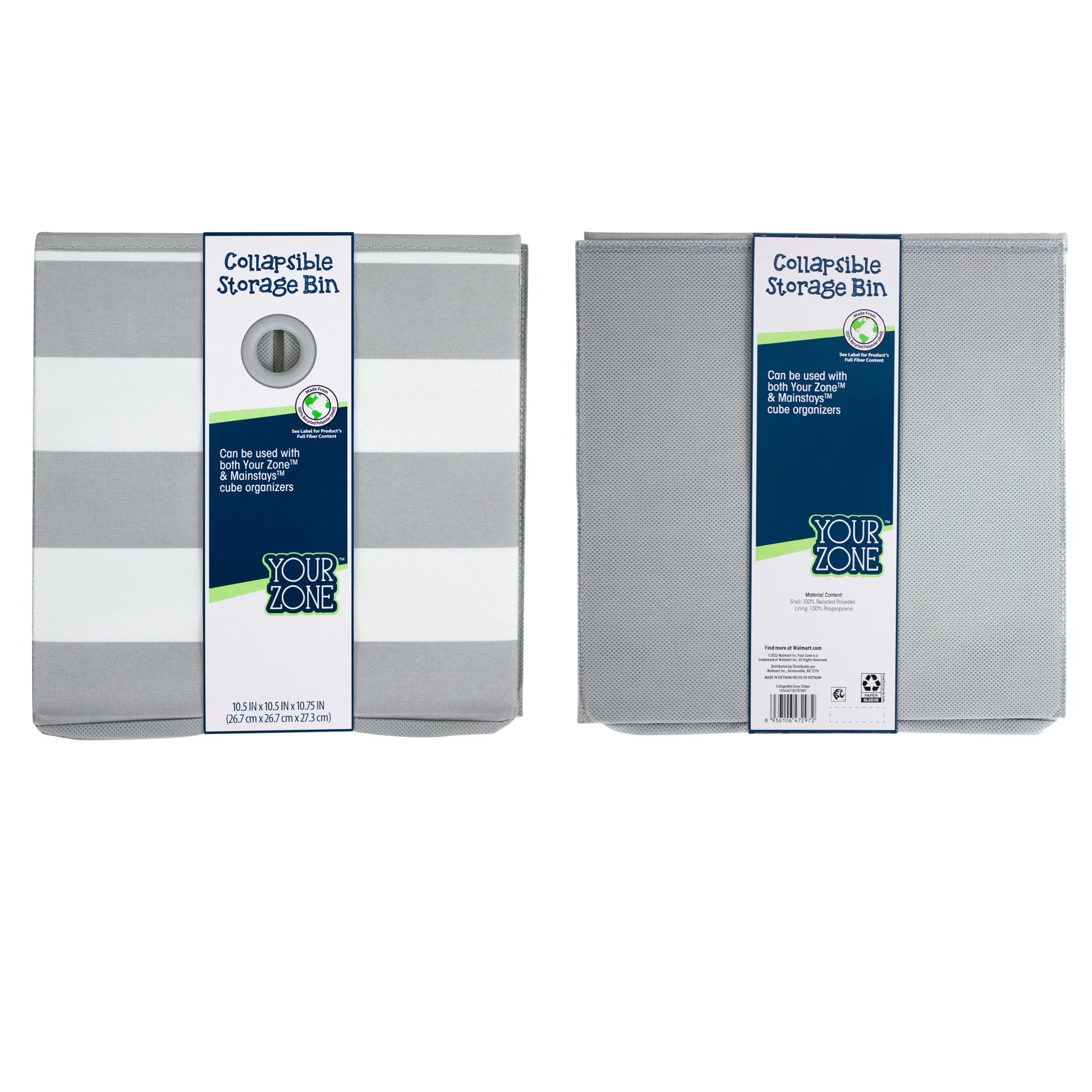 Your Zone Collapsible Fabric Storage Bin, Gray Stripe, 10.5 in x 10.5 in x 10.75 in