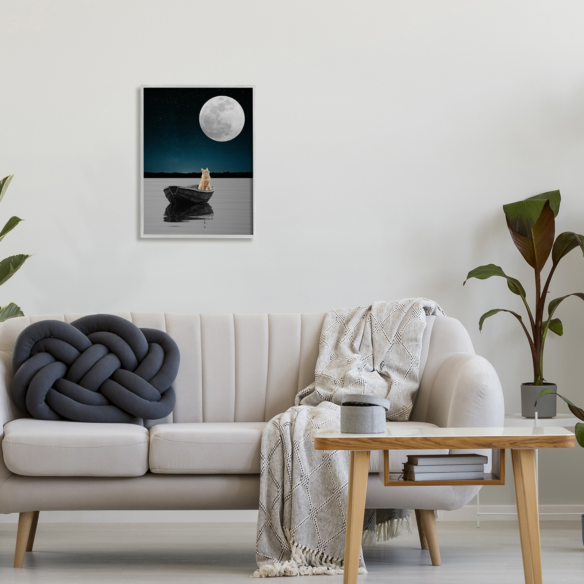 Stupell Industries Orange Cat Floating Rowboat Nighttime Moon Lake Scene , 16 x 20, Design by Atelier Posters