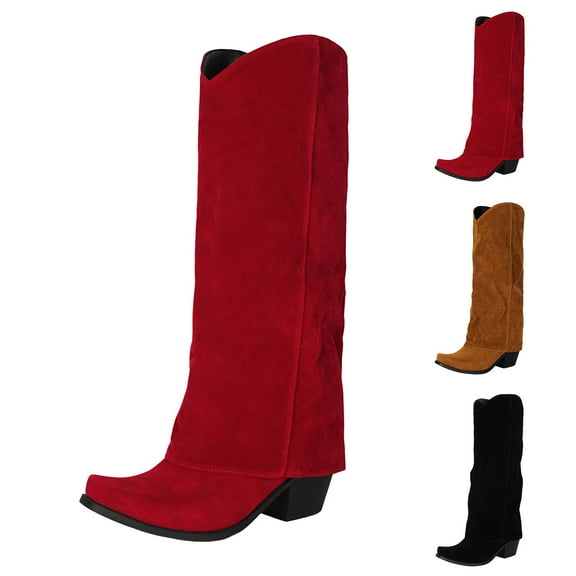 Dakaela Fold Over Boots for Women Knee High Cowboy Cowgirl Boot Western Wide Calf Pull on Tall Boots Black 5.5