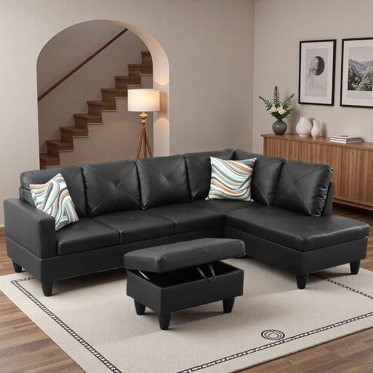 3-Piece L-Shaped Sectional Sofa with Movable Chaise & Storage Ottoman, Faux Leather Living Room Modular Convertible Couches Set for Home Apartment Office, Black
