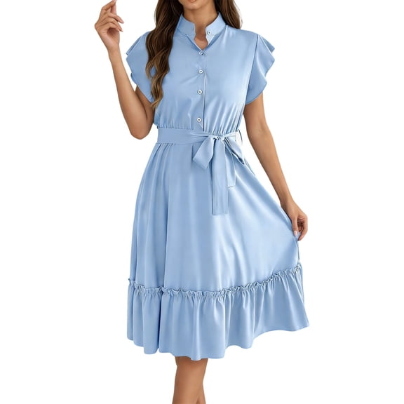 DHFJKG Wedding Guest Dresses For Women Summer Casual Shirt Dress Tie Waist Button Down Short Sleeve Solid Color Midi Sundress Comfortable Dresses