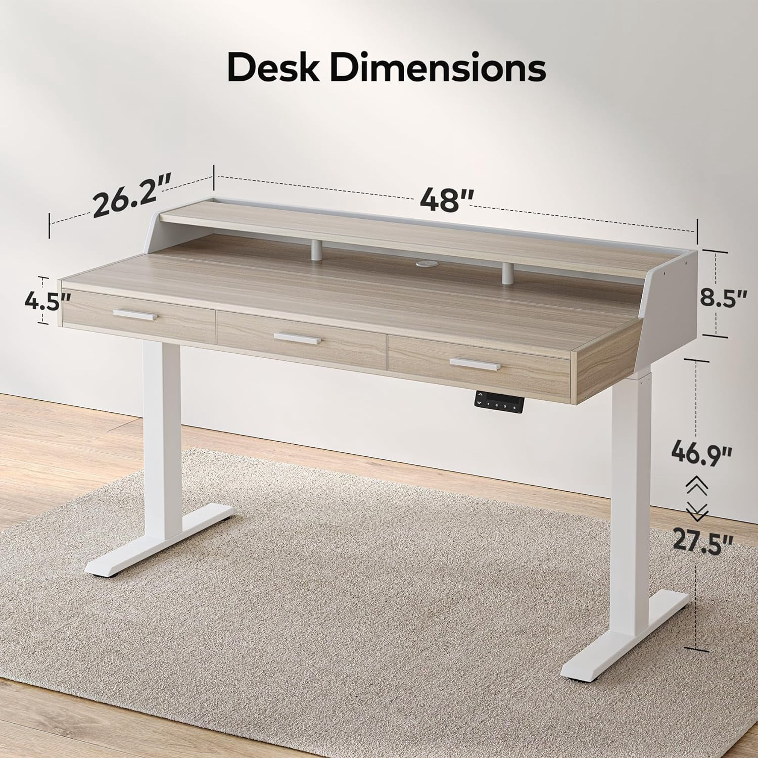 DESINO Electric Standing Desk with Drawers, 48"x24" Standing Desk Adjustable Height, Lifting Range 28~46" Stand Up Desk ,Sit Stand Home Office Desk with Monitor Shelf, Light Walnut
