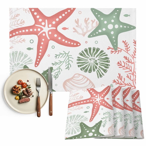 Placemats Set of 4, Green Starfish Place Mats Marine Life Ocean Coastal Tablemats Washable Placemat Table Decoration for Kitchen Table Dinner Party Home Decor Indoor Outdoor 13x19 Inch