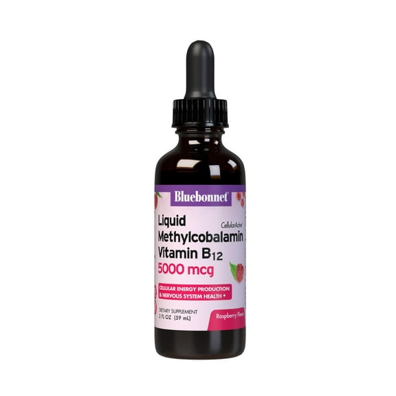 Bluebonnet Liquid Methylcobalamin Vitamin B12 5000 mcg Active Coenzyme, Raspberry, 2 Fl Oz