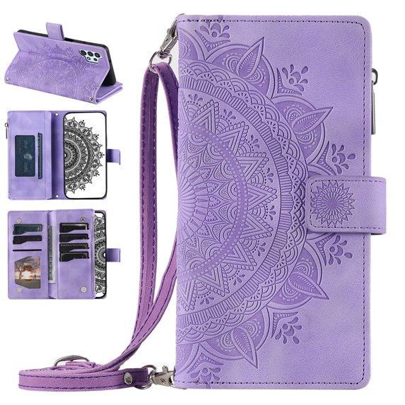 Nalacover for Samsung Galaxy A13 4G Embossed Floral Pattern PU Leather Crossbody Case with Shoulder Strap,Shockproof Magnetic Flip Kickstand Credit Card Slots Zipper Pocket Wallet Phone Case,Purple
