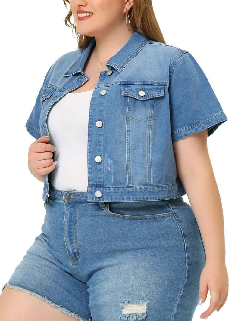 Agnes Orinda Women's Plus Size Denim Jacket Short Sleeves Button