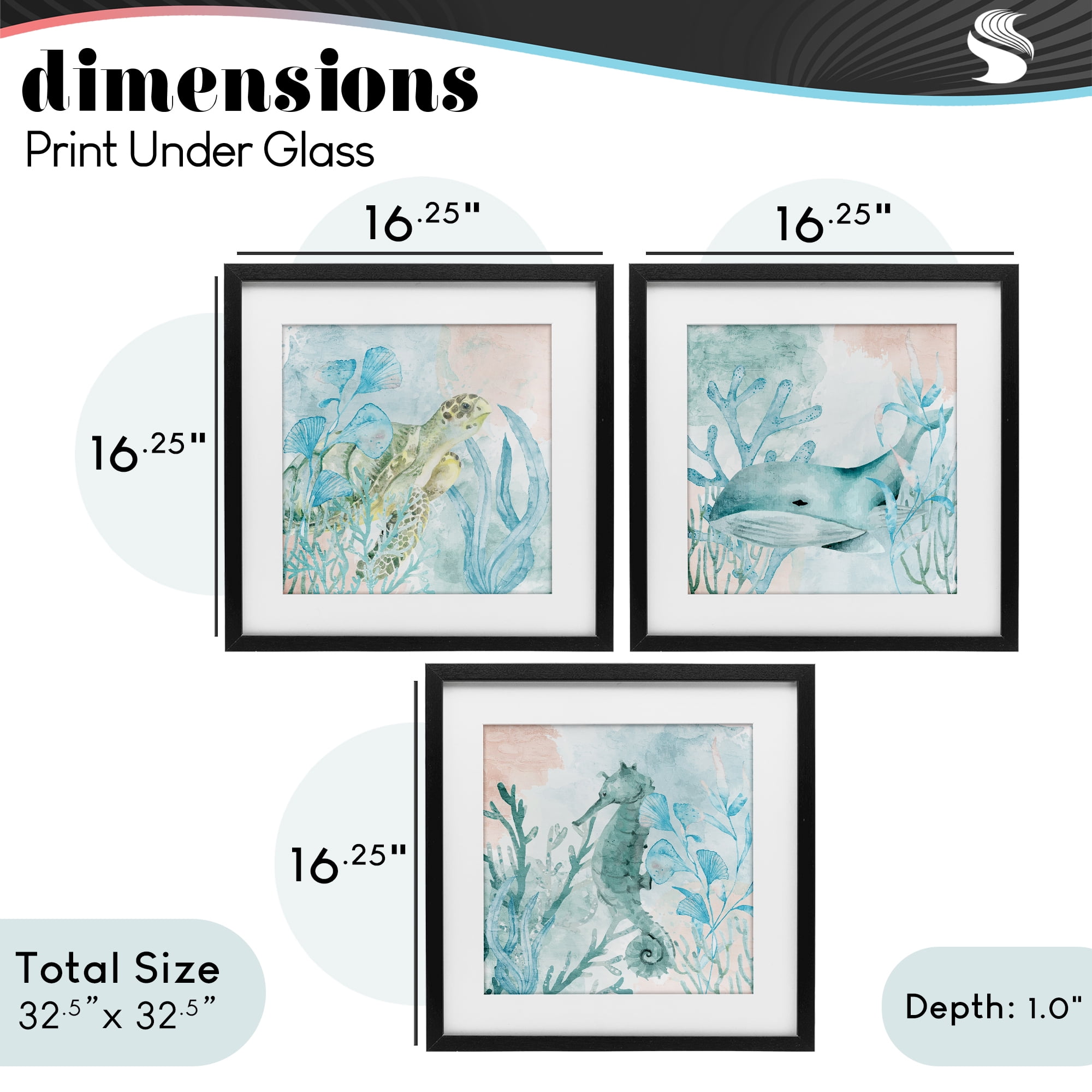 Stupell Industries Aquatic Animals Sea Swim 3 Piece Black Framed Print Under Glass Set, design by Kim Allen