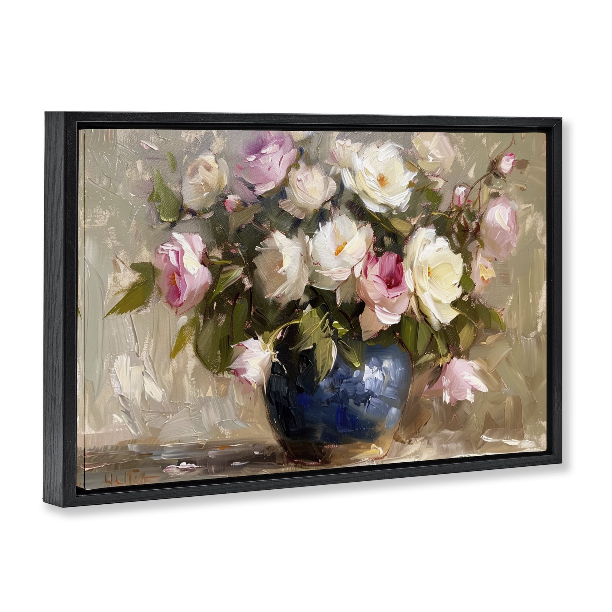 Stupell Industries Painterly Vase of Roses Plants & Flowers Painting Black Floater Framed Canvas Art Print Wall Art, 25 x 17
