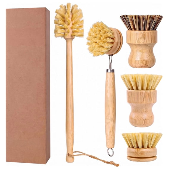 5 Pack Dish Brush Set, Dish Brush with Handle, Dish Scrubber with Handle, Kitchen Scrub Brush, Dish Cleaning Brush, Natural Bamboo Fiber Cleaning Brushes for Kitchen Cookware