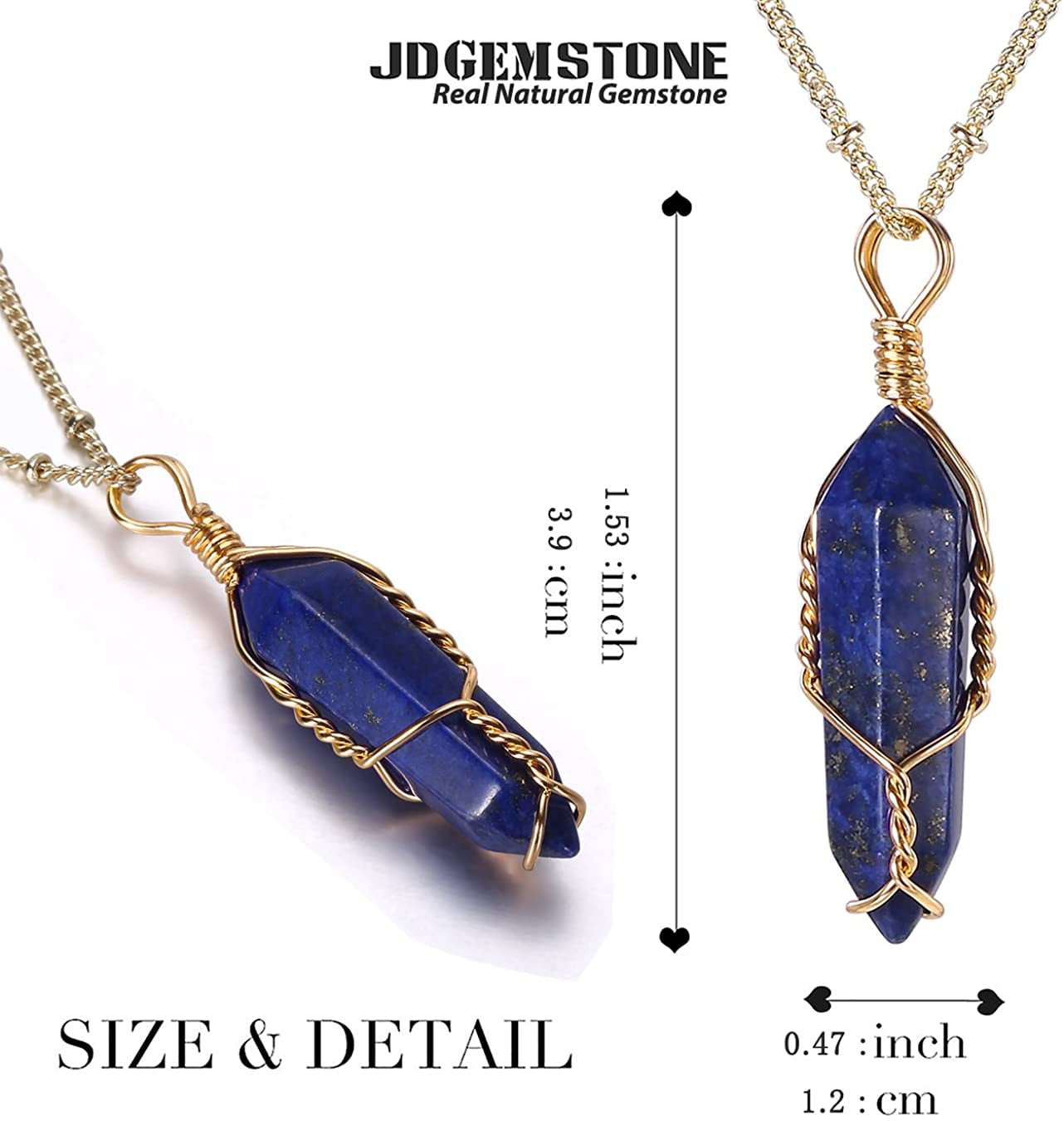 JDGEMSTONE Golden Wire Wrapped Natural Semi Precious Crystal Gemstone Pendant Necklace