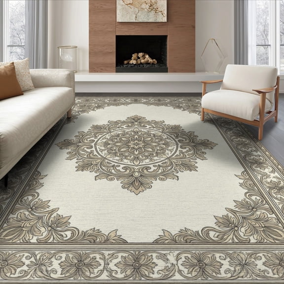 ODIKA 8'x10' Washable Area Rug Non-Shedding, Easy Care, Cream Beige Traditional Decorative Framing Entryway Waffle Neutral for King Size Bedroom Under Bed, Master Suite