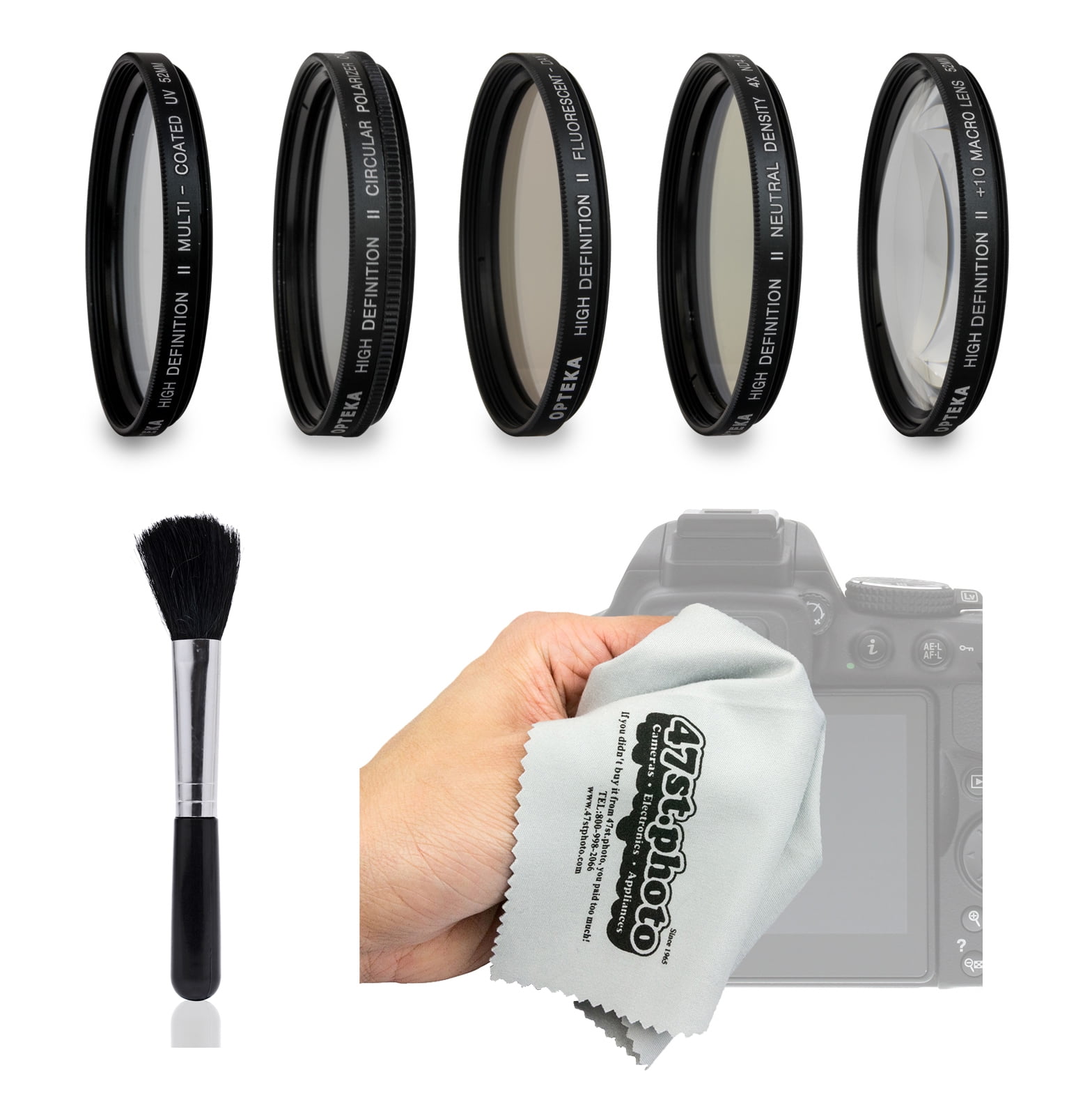 Opteka Filter Kit with UV, CPL, FL, ND4, Macro, Brush and Cloth for