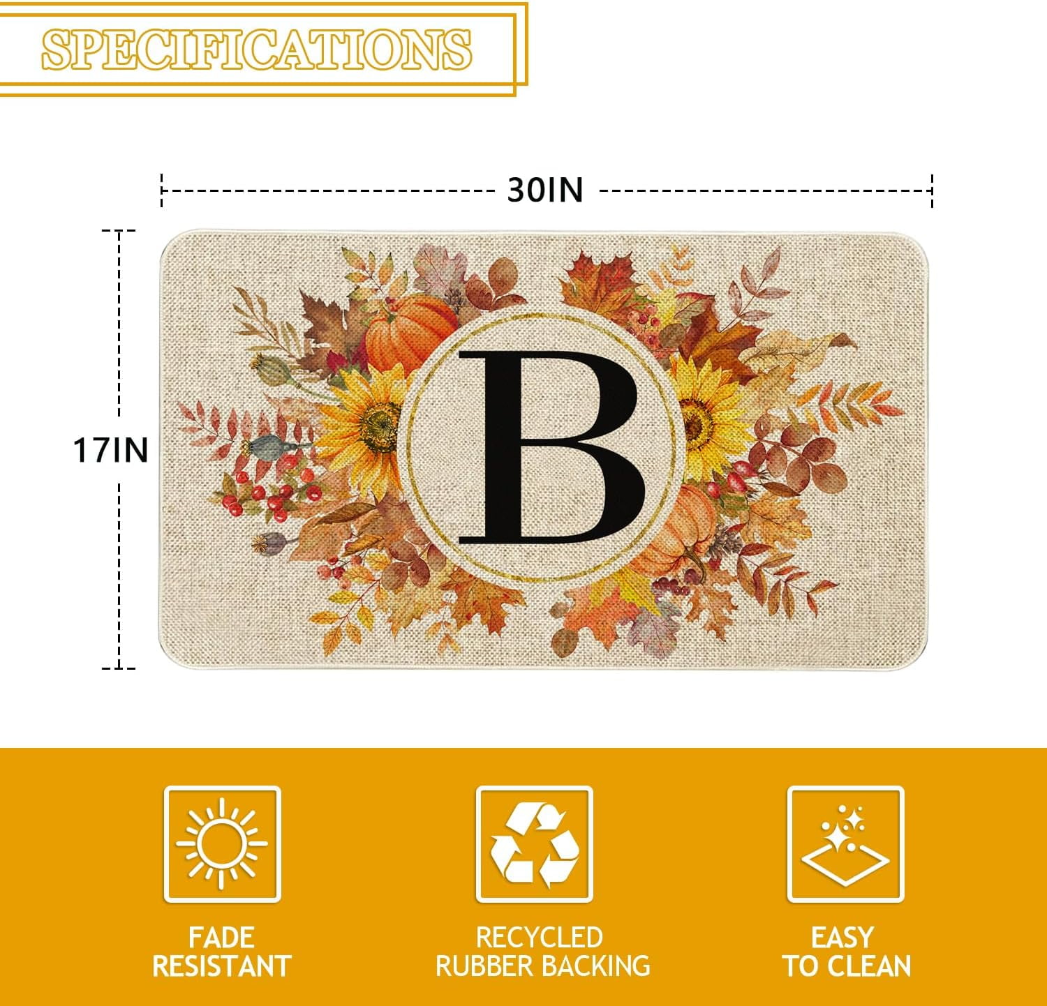 Fall Monogram Letter B Door Mat 30 X 17 Inch Family Last Name Initial Welcome Doormat Indoor Outdoor Entrance Floor Rug Non Slip Fall Autumn Thanksgiving Decor Rubber Mats
