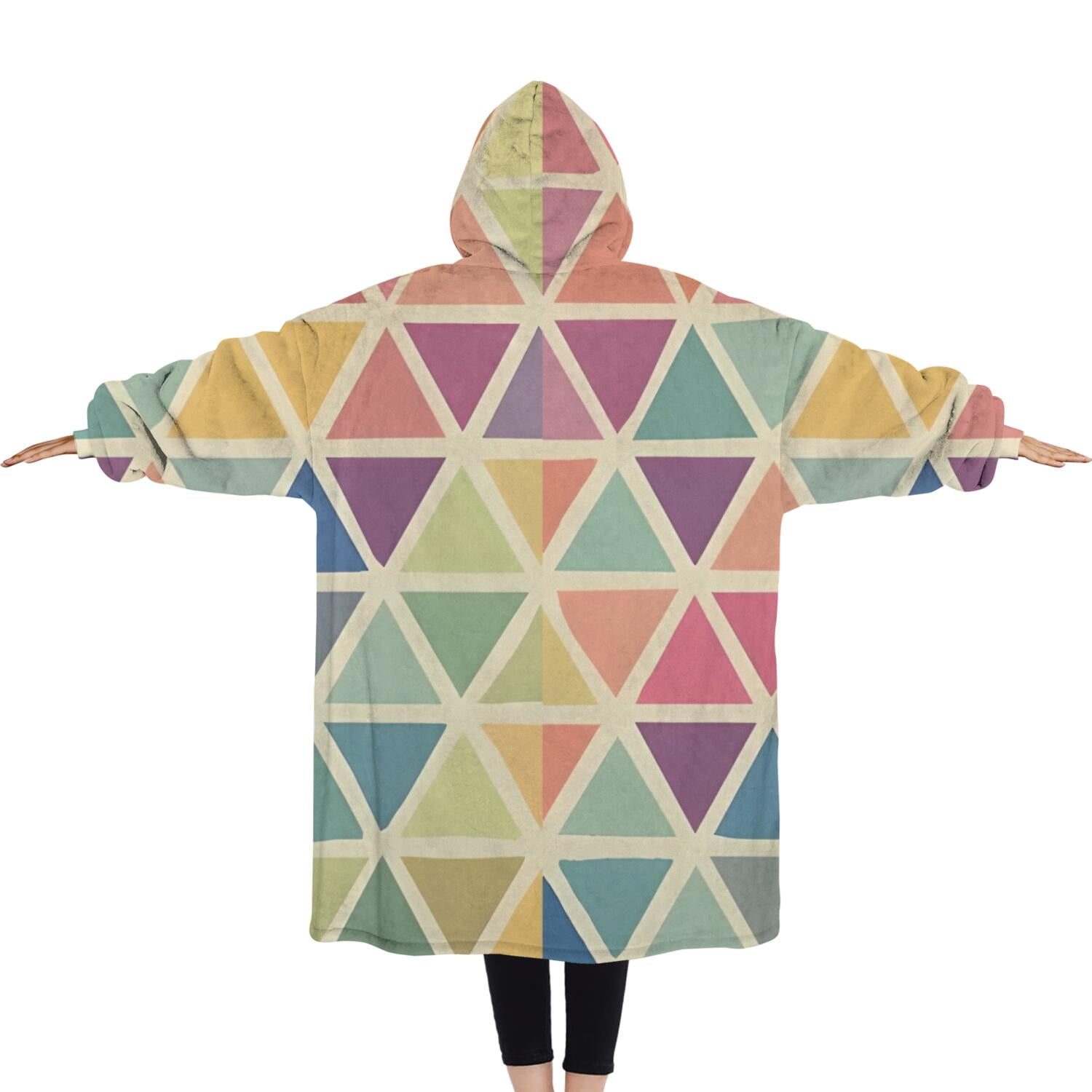 Oversized Wearable Blanket Hoodie,Multi Color Triangle Checkered Pattern Sherpa Blanket Hoodie with Super Pockets,Super Warm Fuzzy Pullover for Women & Men