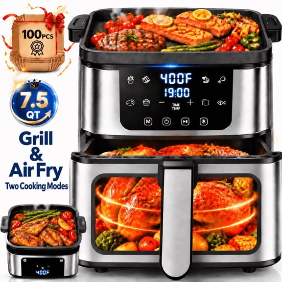 7.5QT Air Fryer Oven with Grill Plate & Viewing Window, Digital Air Fryer with Interior Light, Large Capacity 8-in-1 Air Fryer, 8 Preset Cooking Programs, Touch Screen Control, Nonstick Basket, Black