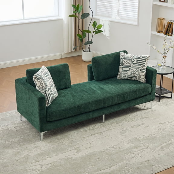 77.5-Inch Upholstered Chenille Chaise Lounge with 4 Pillows, Modern Oversized Settee Daybed for Living Room and Guest Room, Green