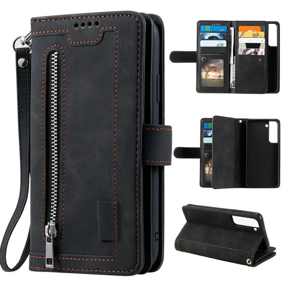 ELEHOLD Multi-Functional Wallet Case for Samsung Galaxy S23, 9 Card Slots Zipper Pocket Wriststrap Stand Function Premium Leather Shockproof Purse Case for Samsung S23,Black