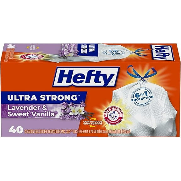 Hefty Ultra Strong Tall Kitchen Trash Bags, Lavender & Sweet Vanilla Scent, 13 Gallon, 40 Count