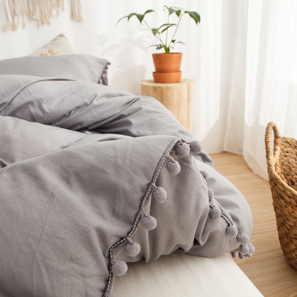 Move Over Light Grey Pom Poms Pillowcases Queen, Grey Pillowcases Set of 2, 100% Washed Microfiber