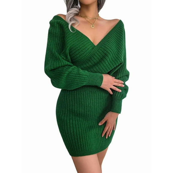 Women'S Cocktail Batwing Long Sleeve Wrap Knit Sweater Mini Dress Green S