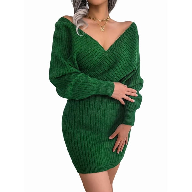 Vestido Mini de Punto Cruzado de Larga con de Murciélago para Cóctel para Mujer Verde L