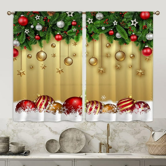 CUH Christmas Modern Topper Kitchen Curtains Semi Sheer Bedroom Decor Drapes Santa Tiers Cafe Short Panel Style-5 W:28"x H:39"*2 Panels