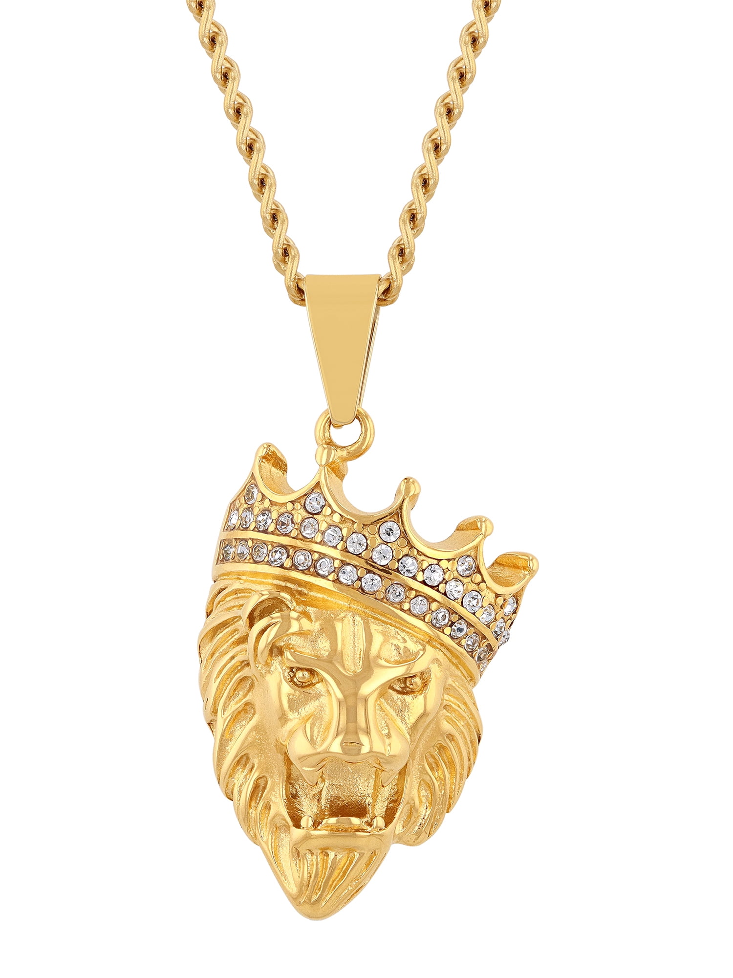 Men's GoldTone Stainless Steel Crystal Crown Lion's Head Pendant 24" Necklace