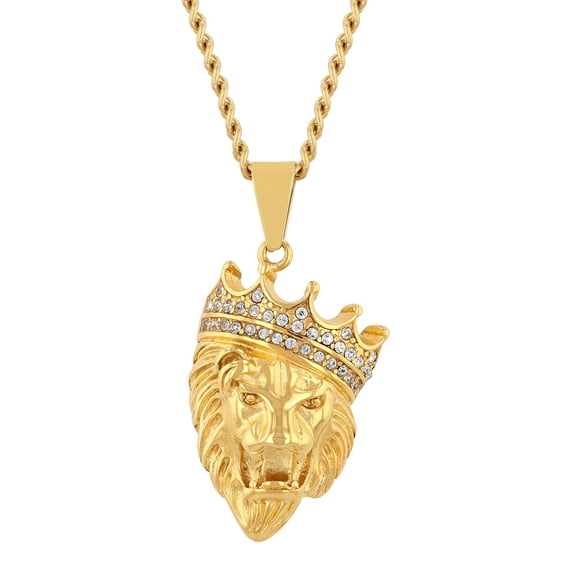 Believe by Brilliance Men's Gold-Tone Stainless Steel Crystal Crown Lion's Head Pendant 24" Necklace