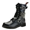 Mens Black Combat Boots Vegan Leather Lace Up Shoes Chains Buckles 1 Inch Heel