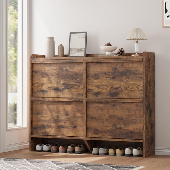 Brown 4-Flip Drawer Wooden Shoe Cabinet with Adjustable Shelf – Hidden Shoe Storage for Entryway, Hallway or Living Room