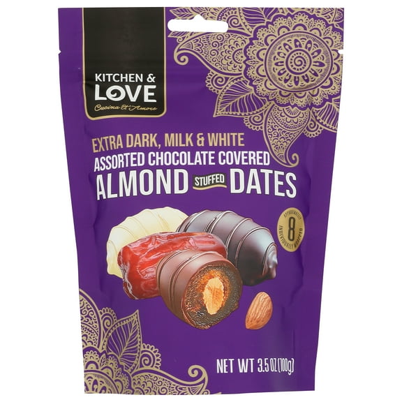 Pack of 8, Kitchen And Love Assorted Chocolate Covered Almond Stuffed Dates, 3.5 oz