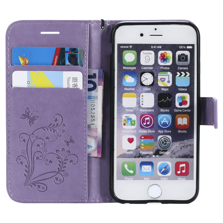 6 Plus/ 6S Plus Wallet case, Allytech Pretty Retro Embossed Butterfly Flower Design PU Leather Book Style Wallet Flip Case Cover for Apple iPhone 6 Plus and 6S Plus, Purple -