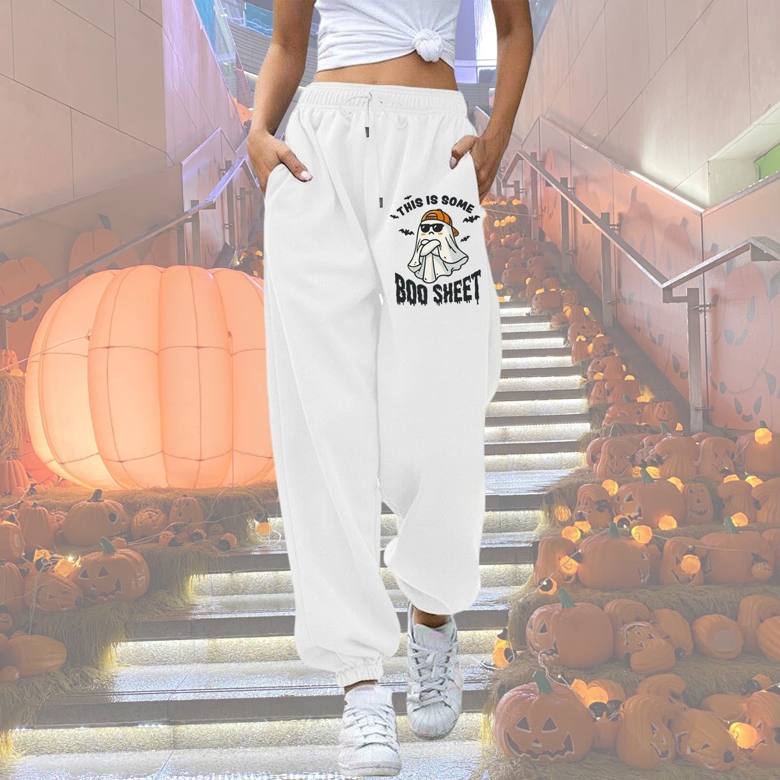 Pantalons Fille Halloween Imprimé Lettre Taille à Cordon Leggings Longs Avec Poches Tenue Décontractée Confortable Pour Enfants