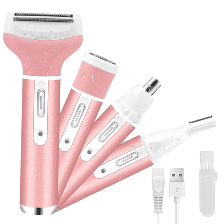 BCOOSS Electric Razor Nose Hair Trimmer for Women Leg Arm Pubic Facial Hair 4 in 1 Shaver Rechargeable Pink