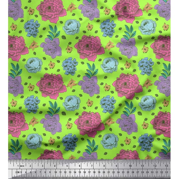 Soimoi polyester Crepe Fabric Leaves,Periwinkle & Peony Floral Printed Fabric 1 Yard 42 Inch Wide